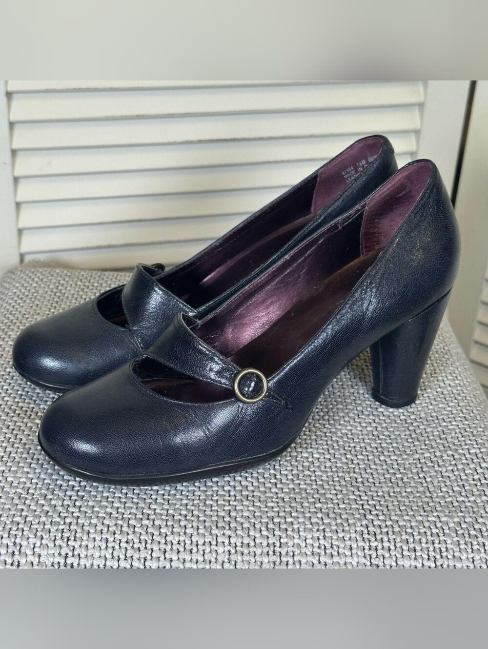 Clarks Black and Navy Leather Mary Jane Heels with Button Strap